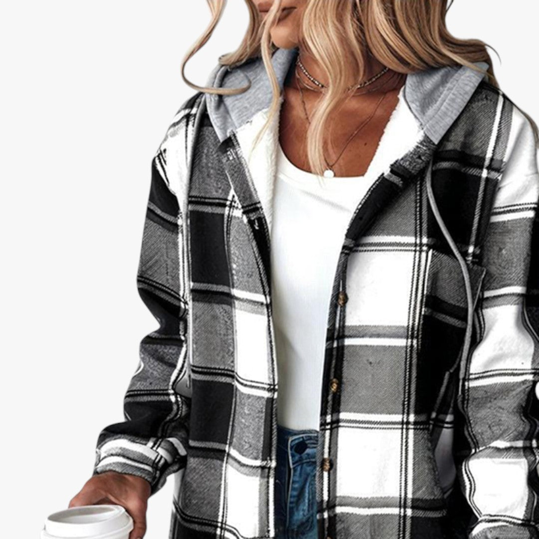 Damen Winterjacke mit Kapuze und Karomuster | Lang