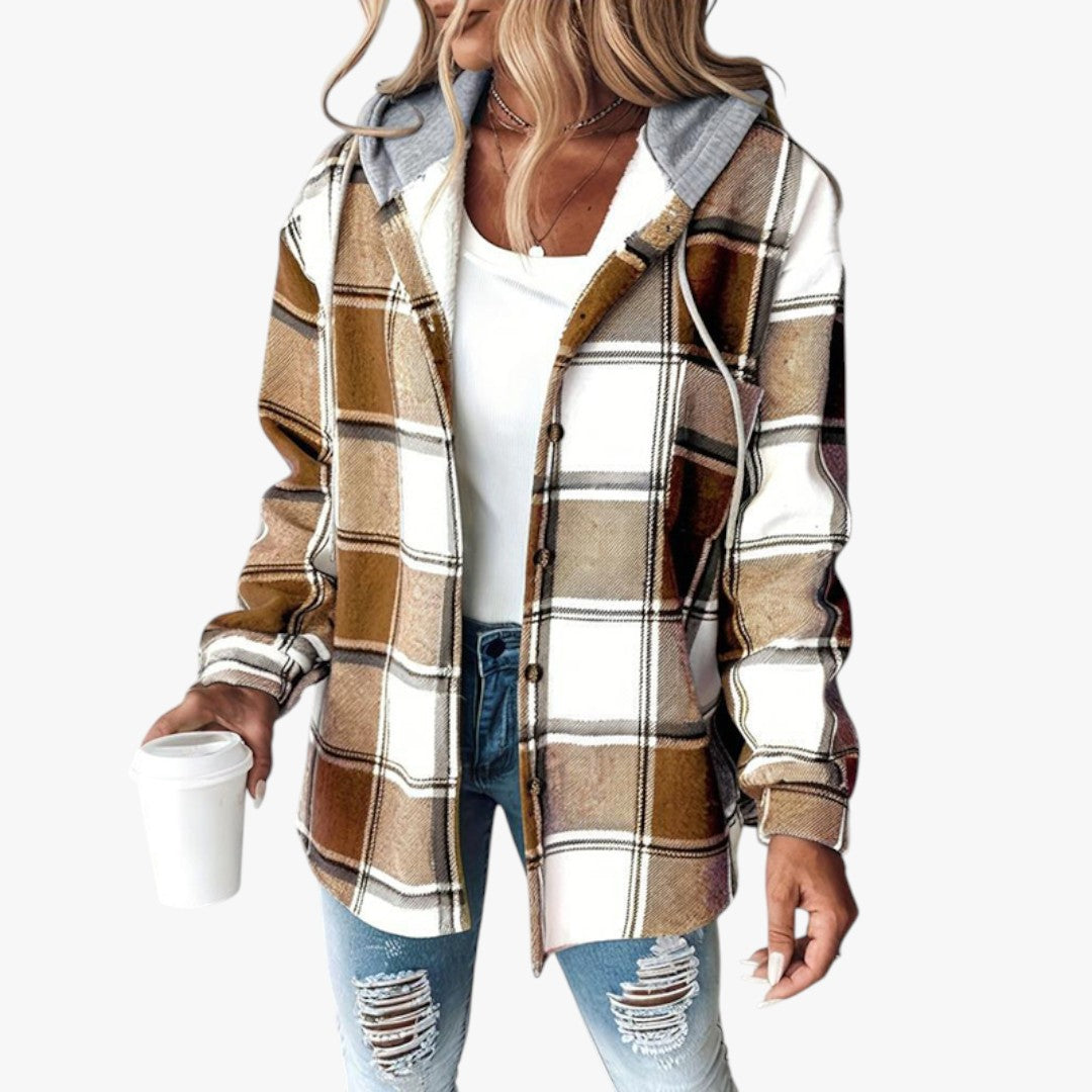 Damen Winterjacke mit Kapuze und Karomuster | Lang