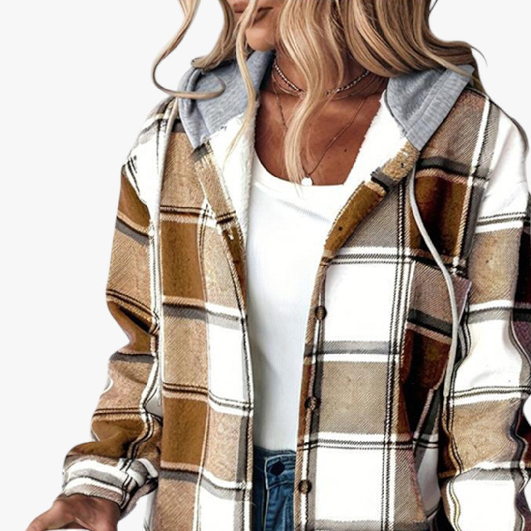 Damen Winterjacke mit Kapuze und Karomuster | Lang