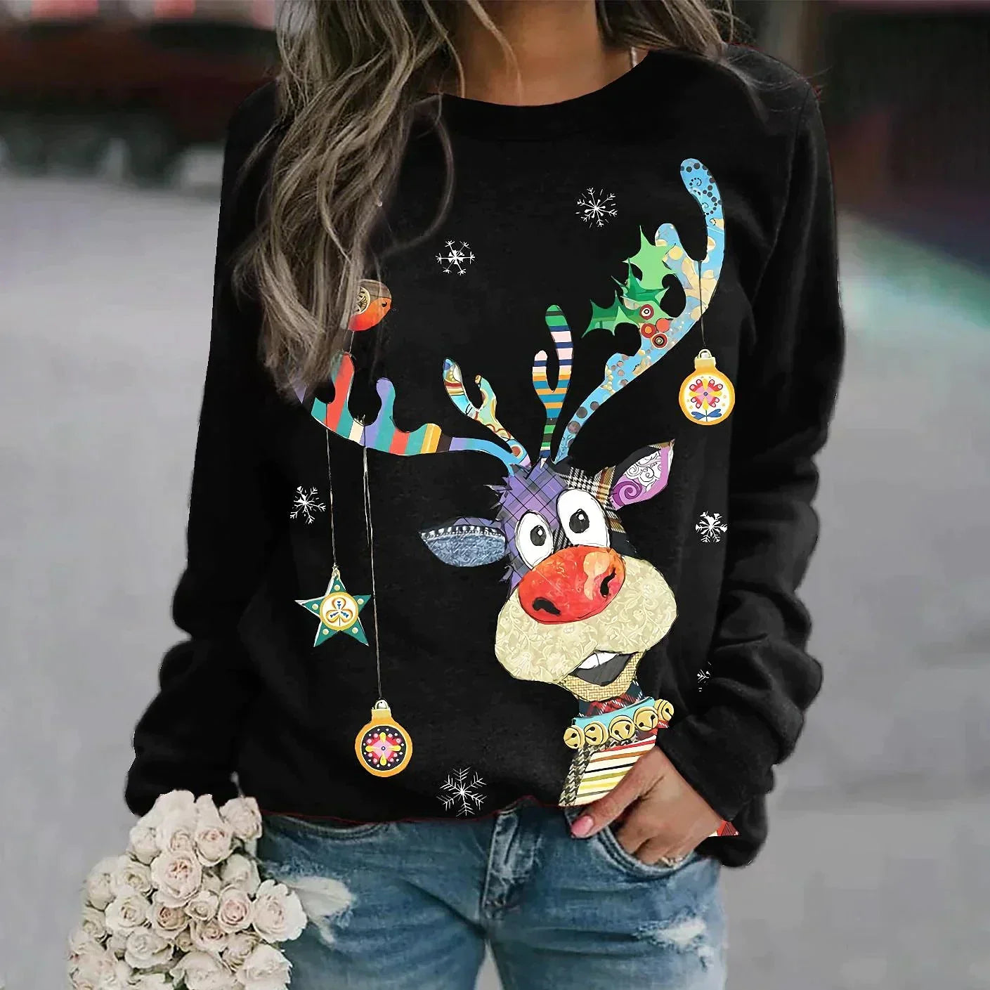 Damen Winter-Weihnachtspullover mit Rentier-Print