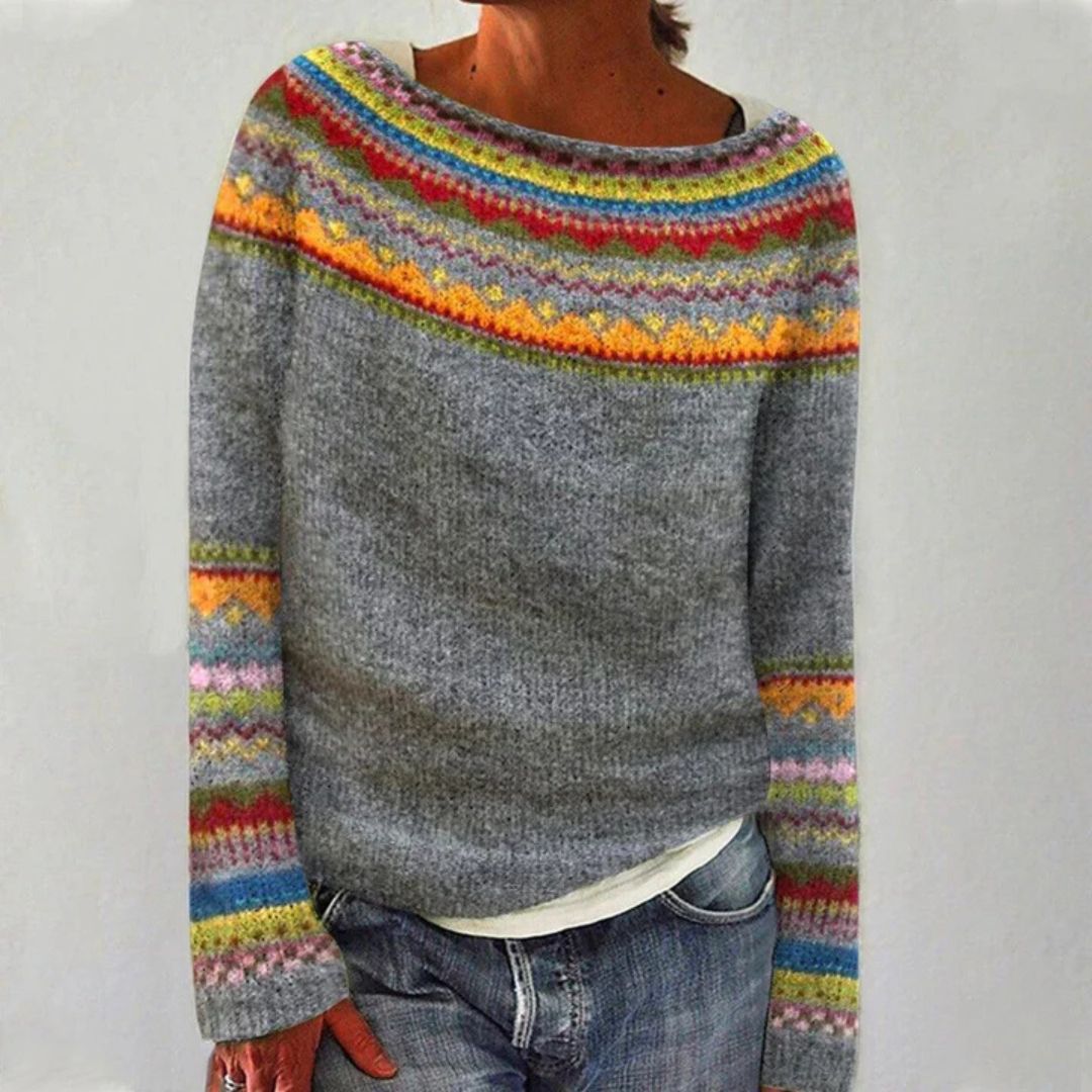 Damen Strickpullover mit Norwegermuster und weitem Halsausschnitt