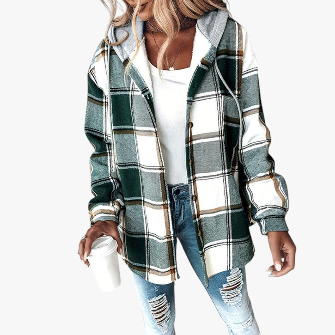 Damen Winterjacke mit Kapuze und Karomuster | Lang
