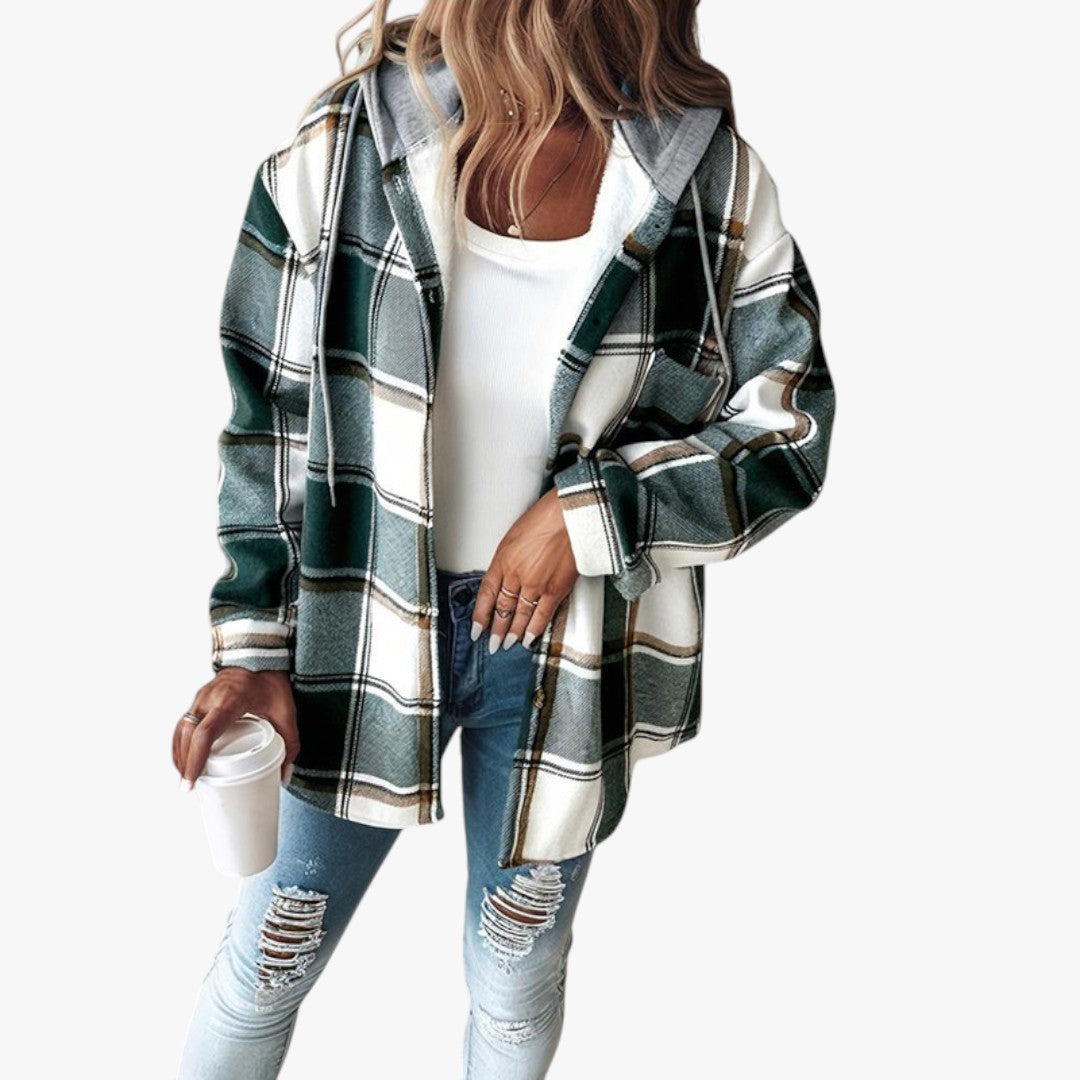 Damen Winterjacke mit Kapuze und Karomuster | Lang