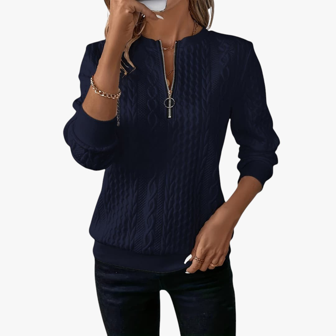 Damen Zopfmusterpullover mit Reißverschluss