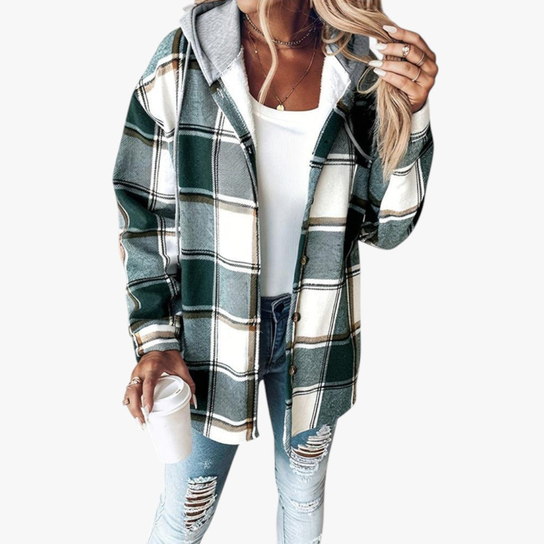 Damen Winterjacke mit Kapuze und Karomuster | Lang