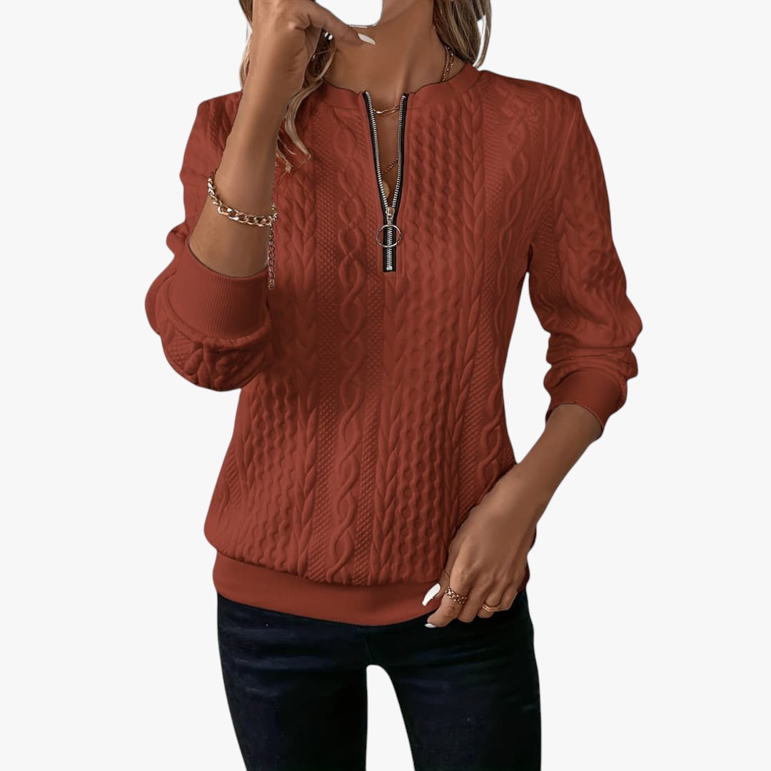 Damen Zopfmusterpullover mit Reißverschluss