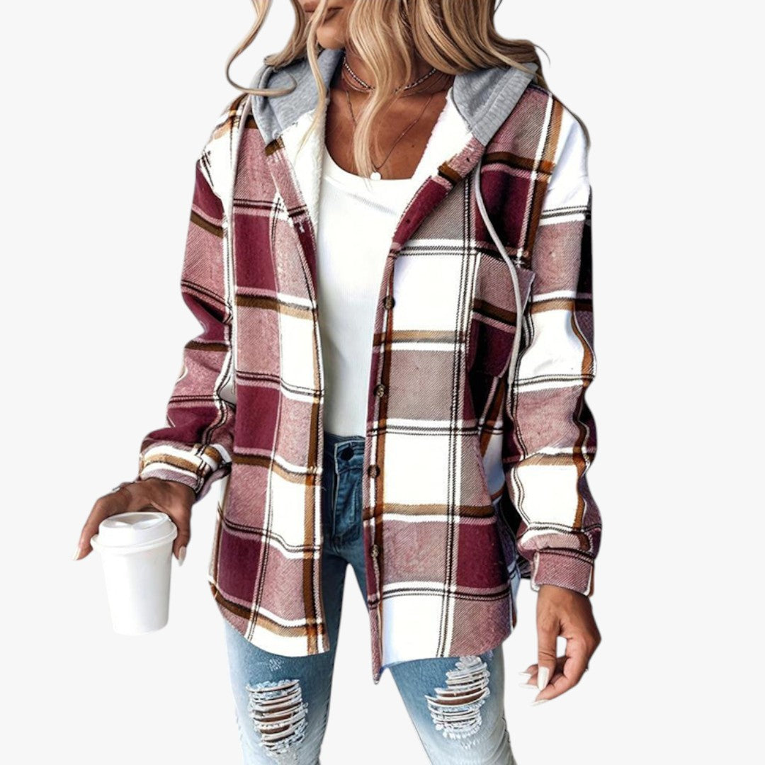 Damen Winterjacke mit Kapuze und Karomuster | Lang
