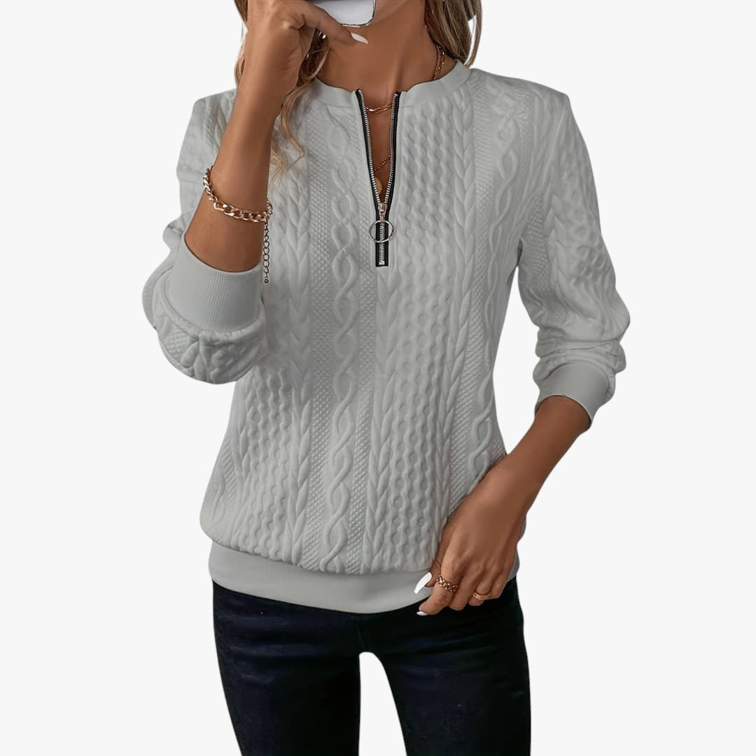 Damen Zopfmusterpullover mit Reißverschluss