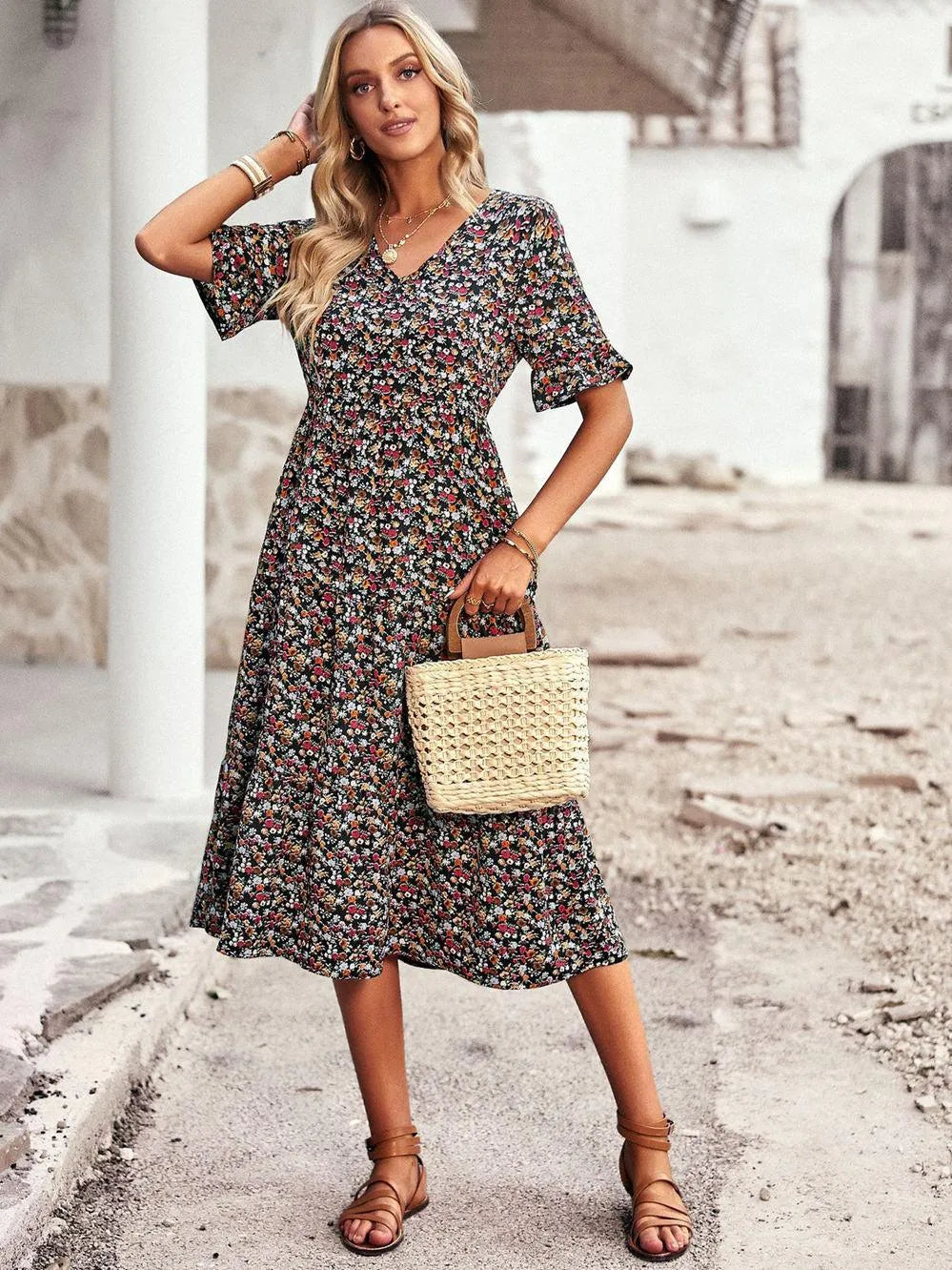 Damen luftiges Sommer Kleid Midi | Ideal im Sommer und Urlaub
