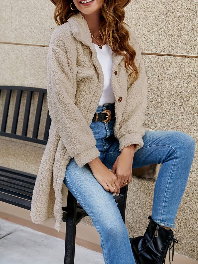 Damen Winter-Teddymantel mit Knöpfen | Lang