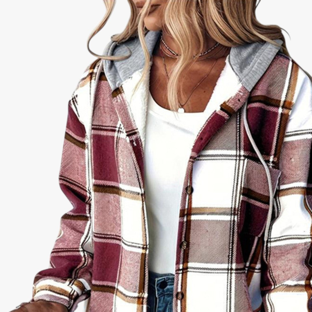 Damen Winterjacke mit Kapuze und Karomuster | Lang