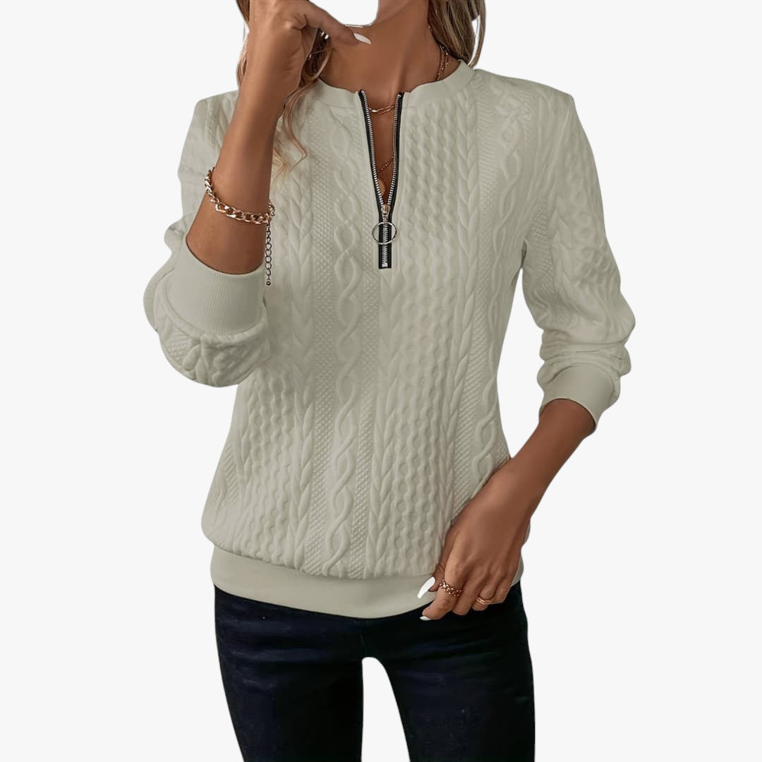 Damen Zopfmusterpullover mit Reißverschluss