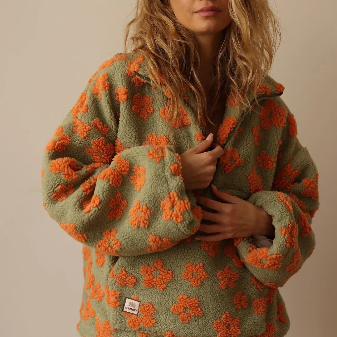 Damen Winterpullover mit Reißverschluss und Blumen