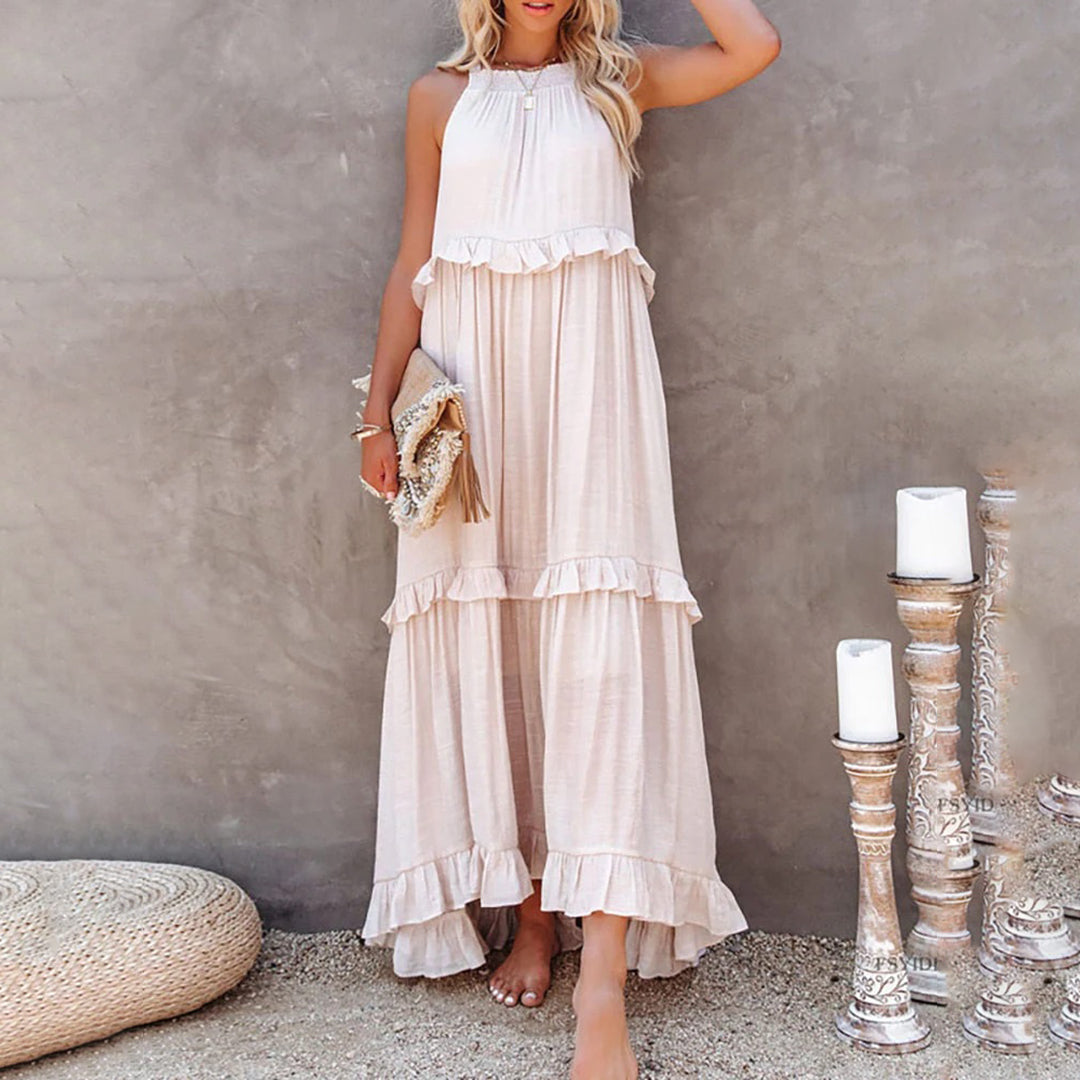 Damen Maxikleid Beige - Elegantes, Ärmeloses Sommer Kleid Lang für Festliche Anlässe und Sommerpartys 3