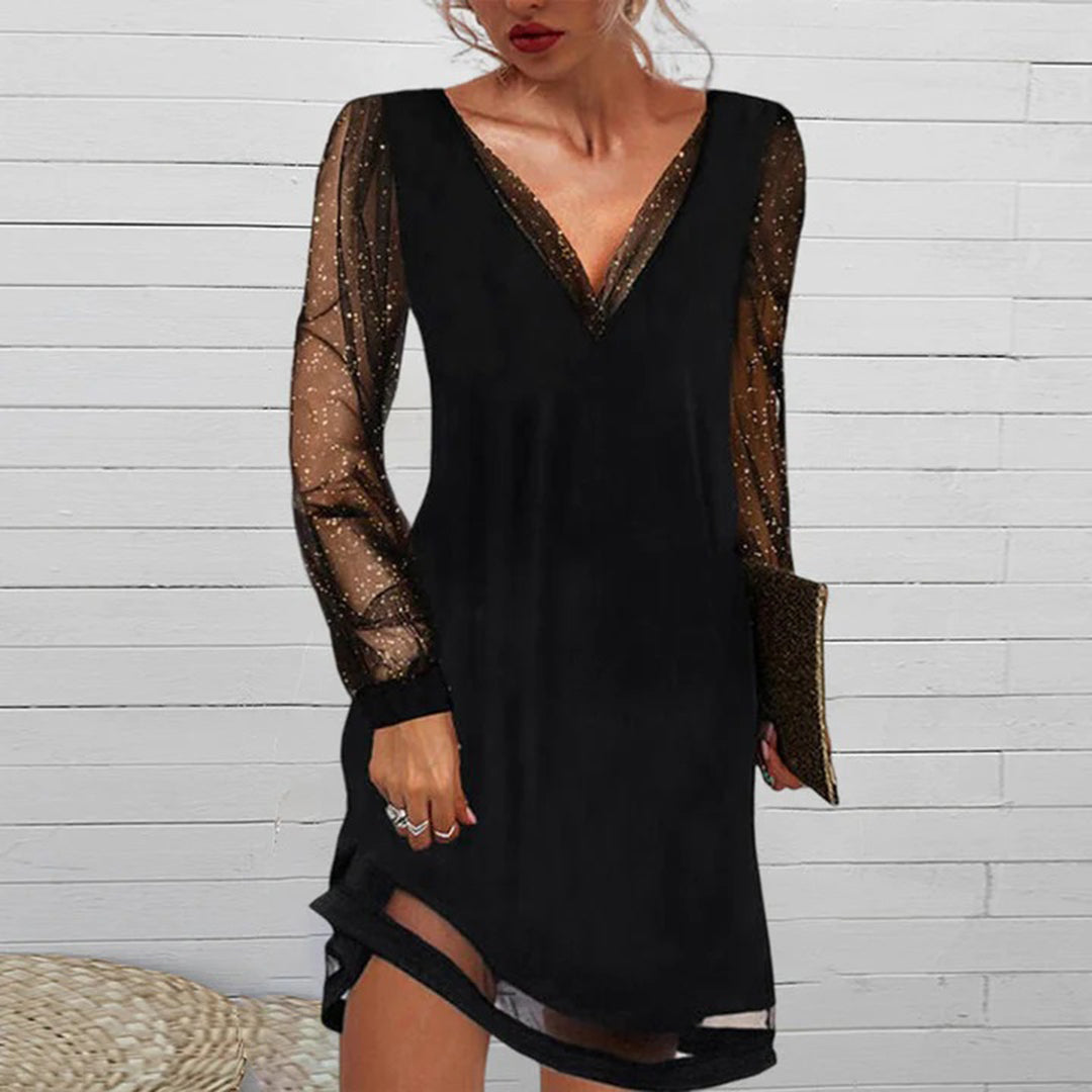 Damen Kleid Schwarz V-Ausschnitt Langarm für Sommerpartys und Elegante Anlässe 2