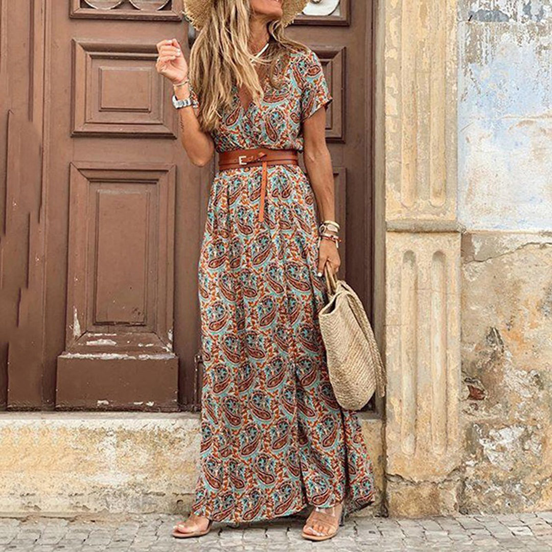 Damen Maxikleid Boho Dunkelrot V-Ausschnitt Kurzarm 3