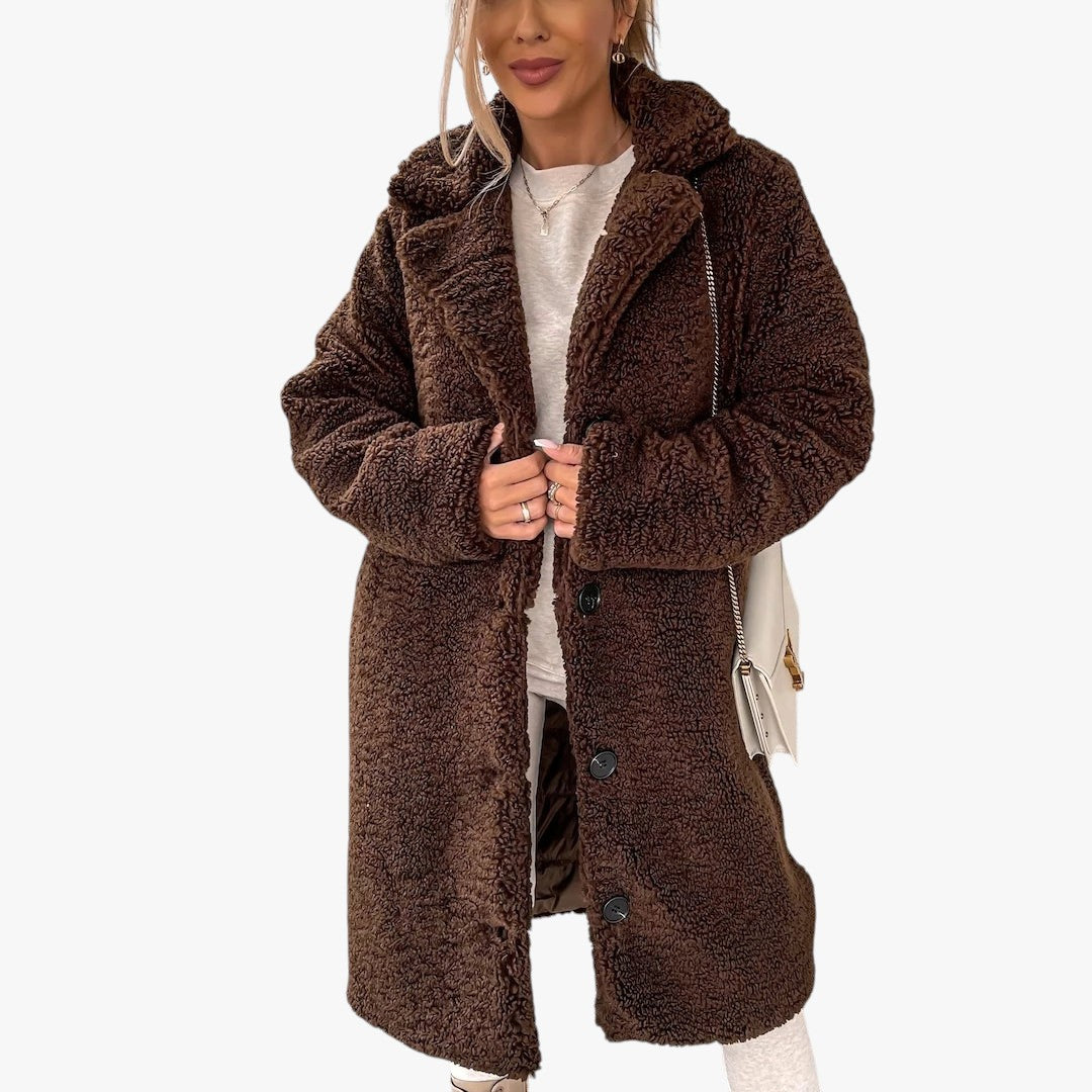 Damen Winter Teddymantel mit Knöpfen | Lang