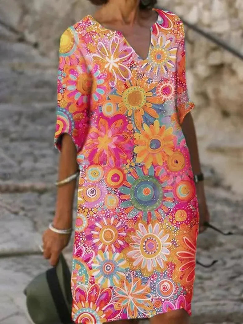 Elegantes Damenkleid mit V-Ausschnitt und Blumendruck-3