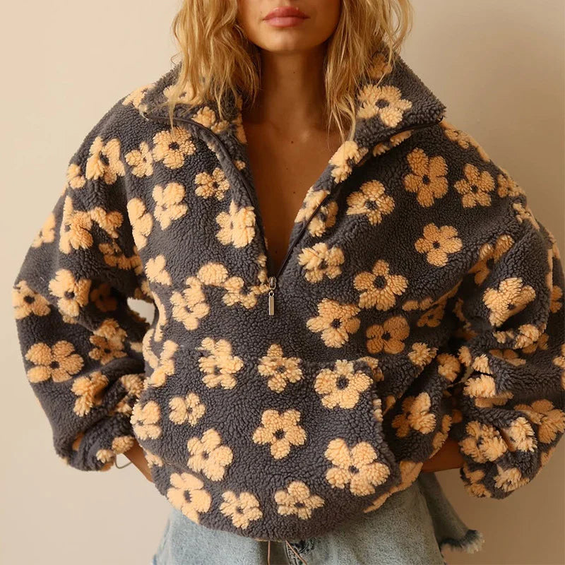 Damen Winterpullover mit Reißverschluss und Blumen