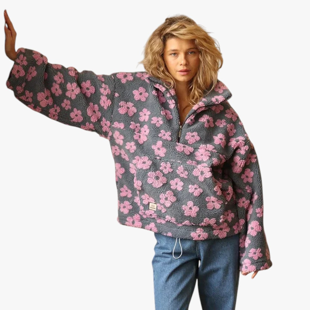 Damen Winterpullover mit Reißverschluss und Blumen