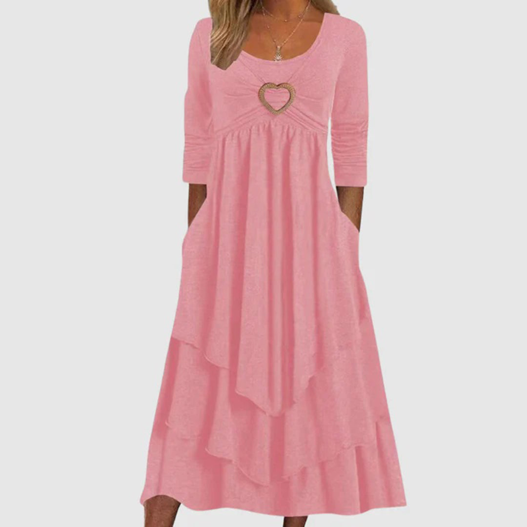 Damen Langes A-Linien Kleid Beige mit O-Ausschnitt und langen Ärmeln 3