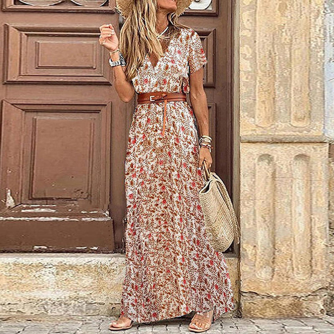 Damen Maxikleid Boho Dunkelrot V-Ausschnitt Kurzarm 5