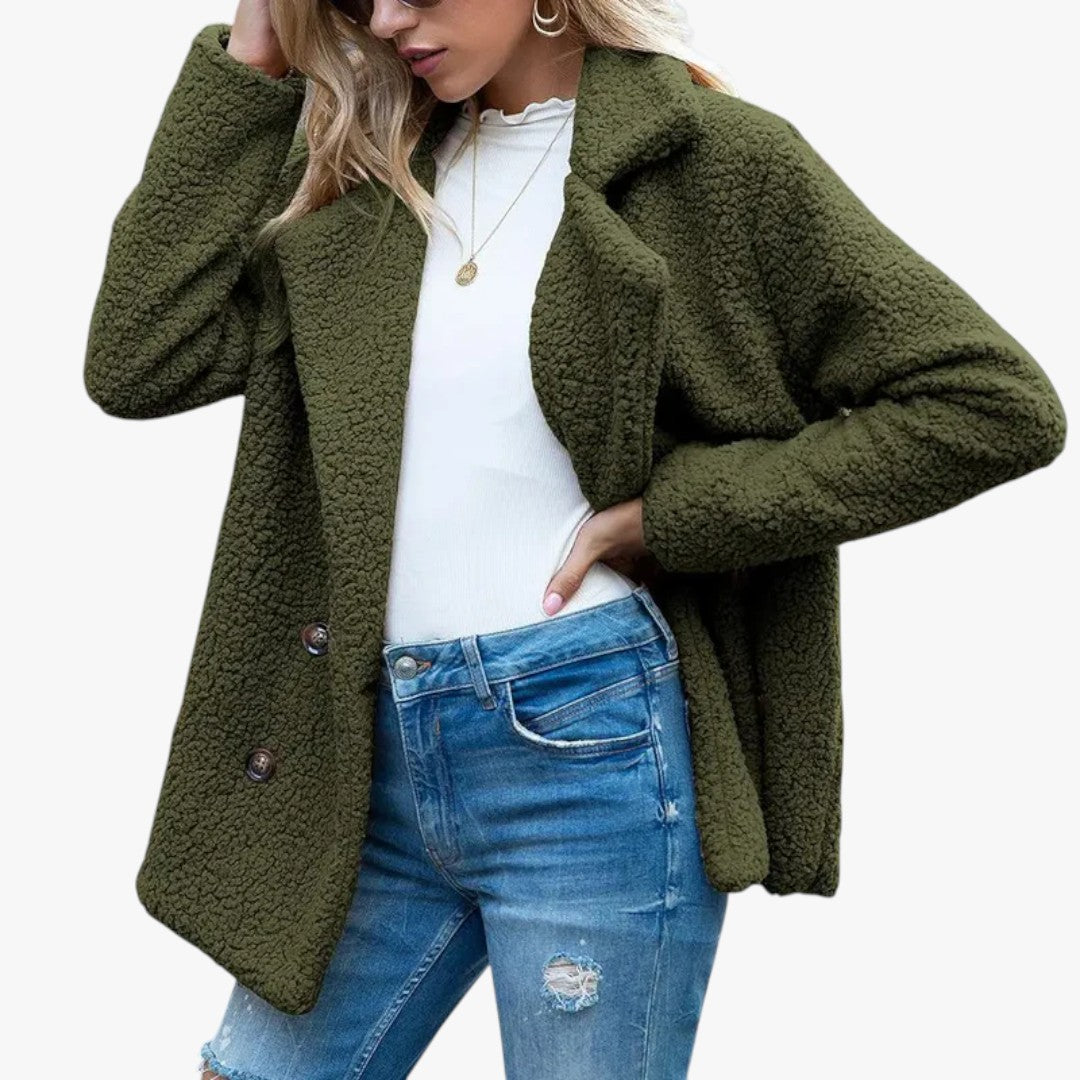 Damen Winter-Teddyjacke mit Knöpfen | Kurz
