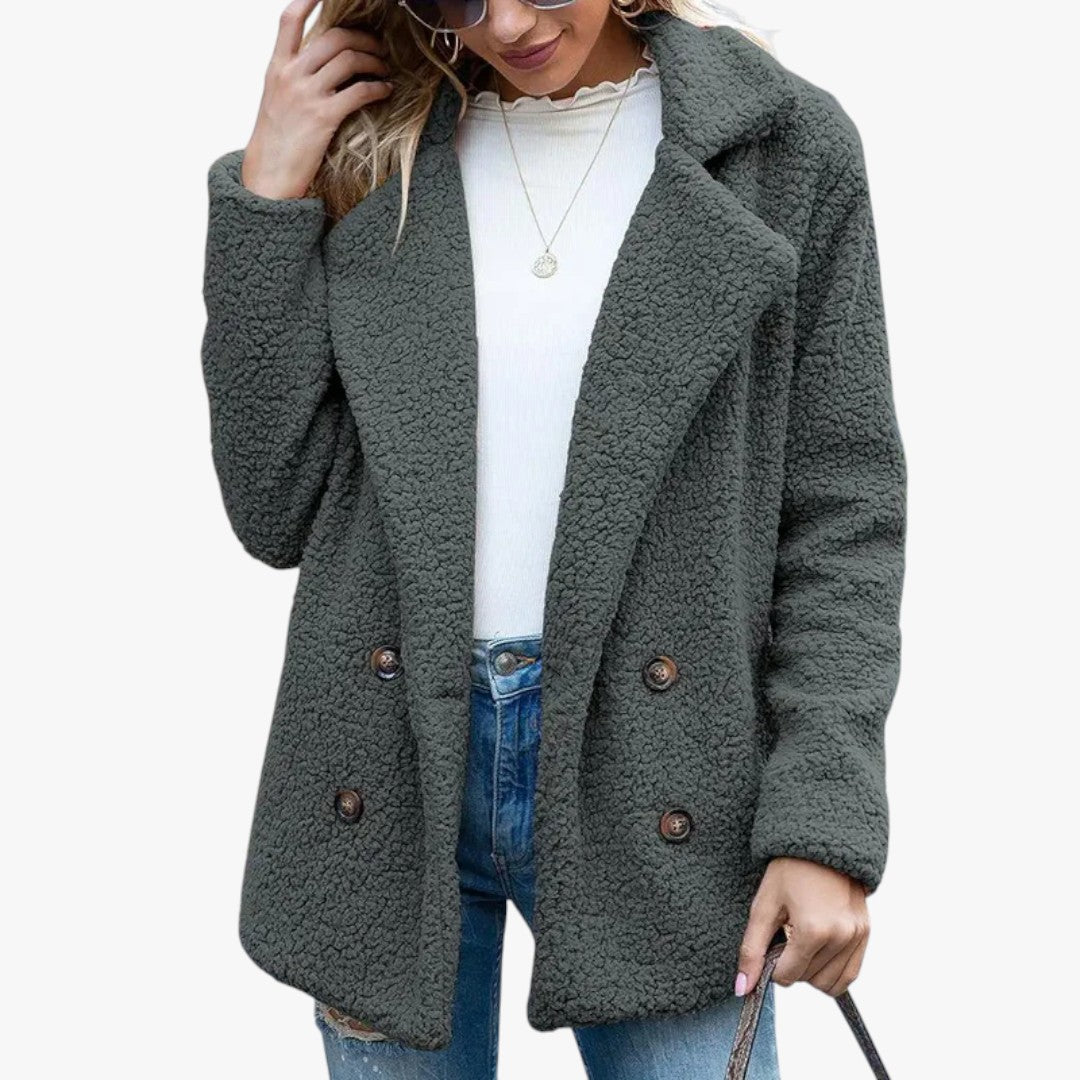 Damen Winter-Teddyjacke mit Knöpfen | Kurz