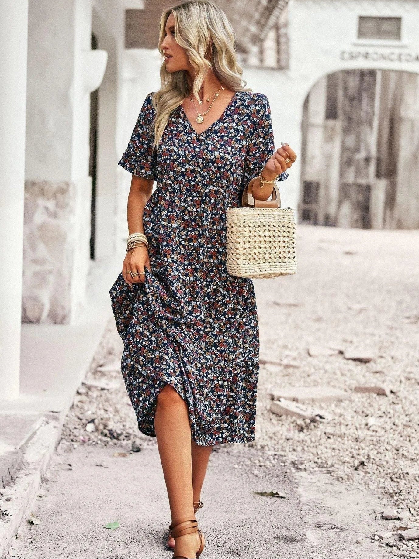Damen luftiges Sommer Kleid Midi | Ideal im Sommer und Urlaub