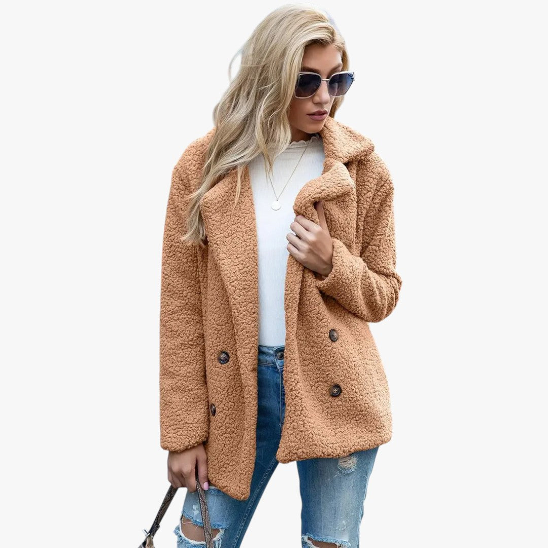 Damen Winter-Teddyjacke mit Knöpfen | Kurz