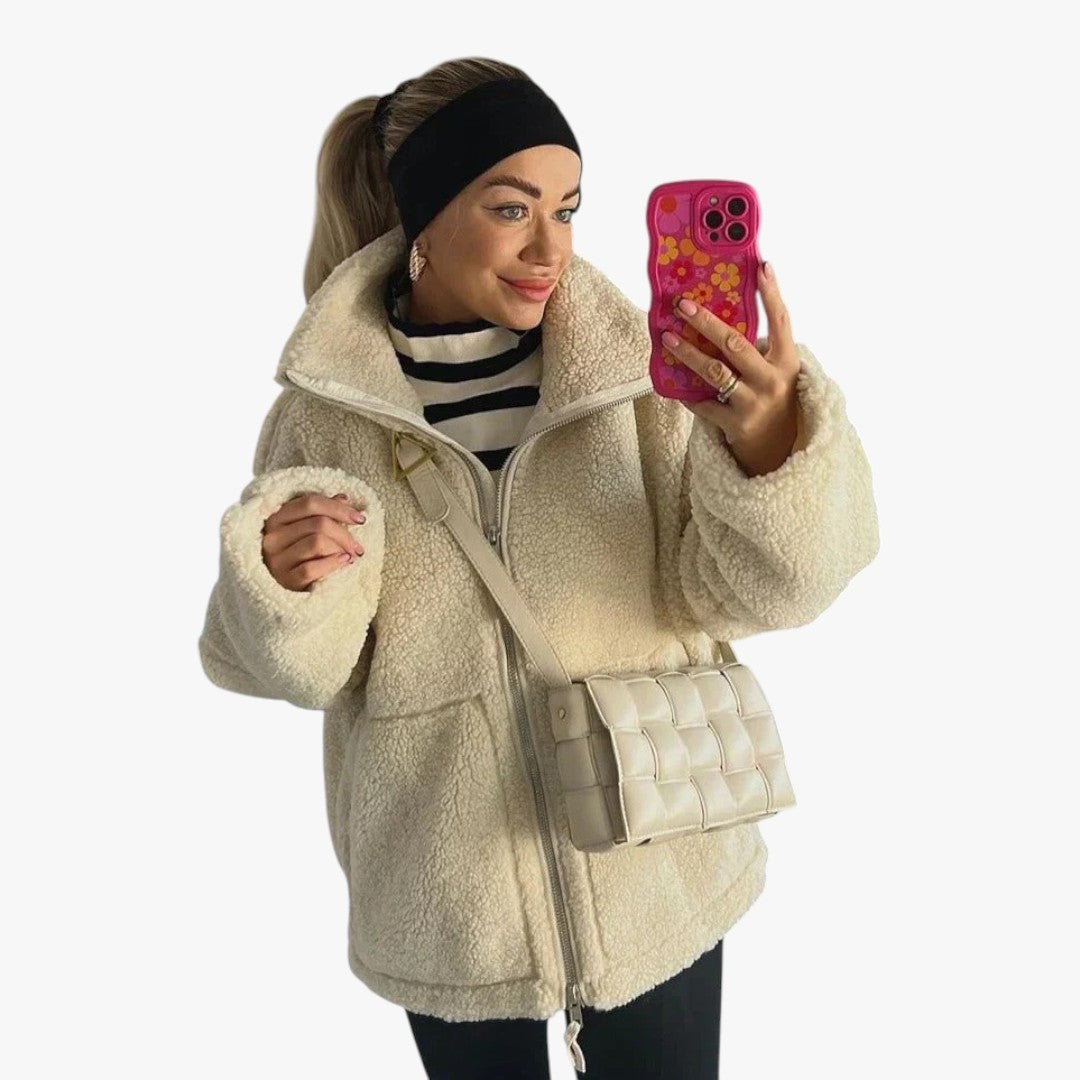 Damen Teddy Wintermantel mit Reißverschluss