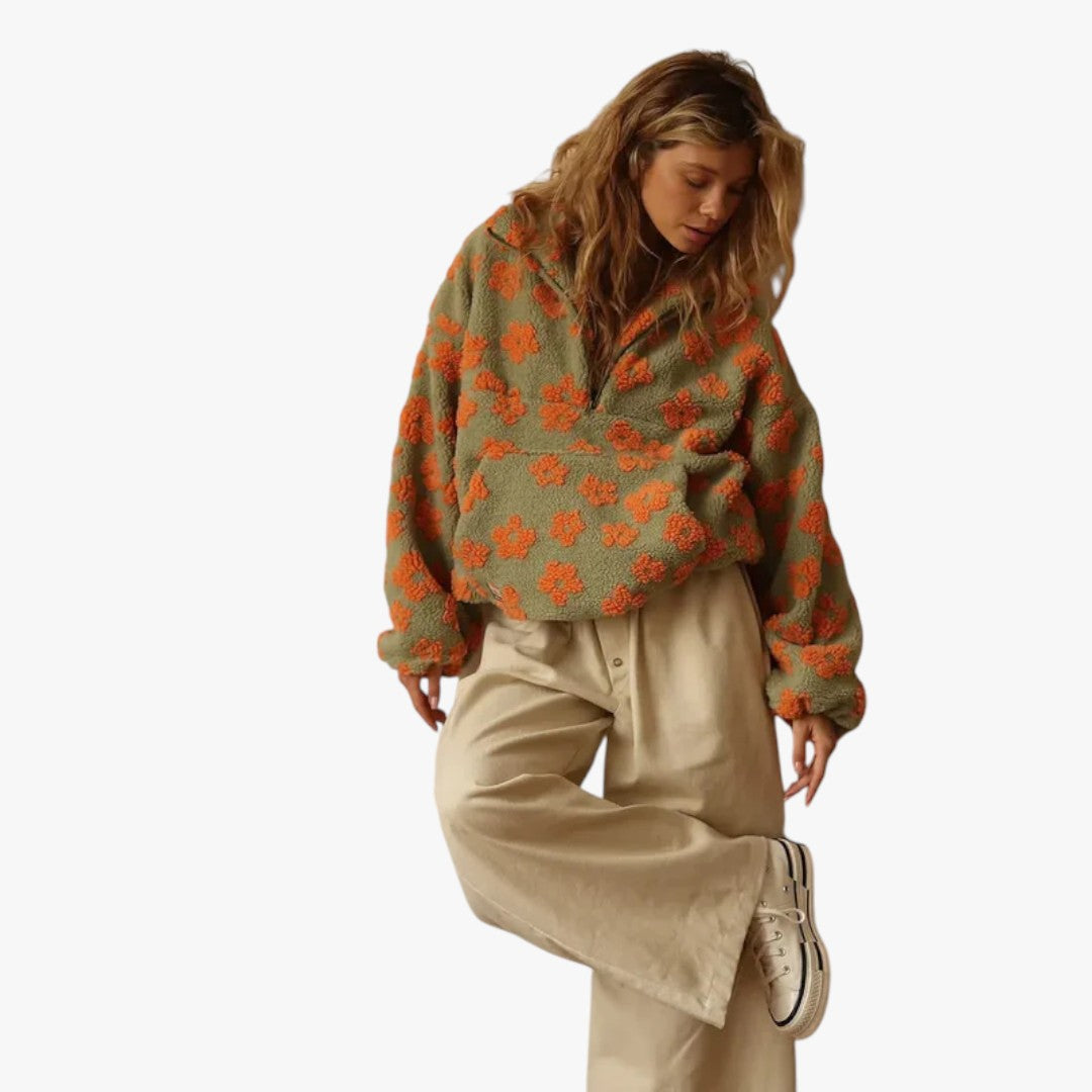 Damen Winterpullover mit Reißverschluss und Blumen