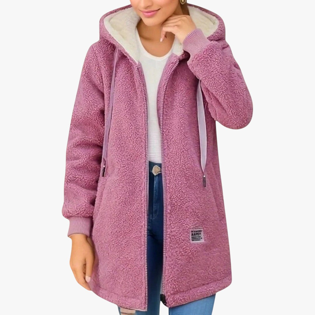 Warmer Damen Winterjacke mit Reißverschluss und Kapuze | Teddymantel