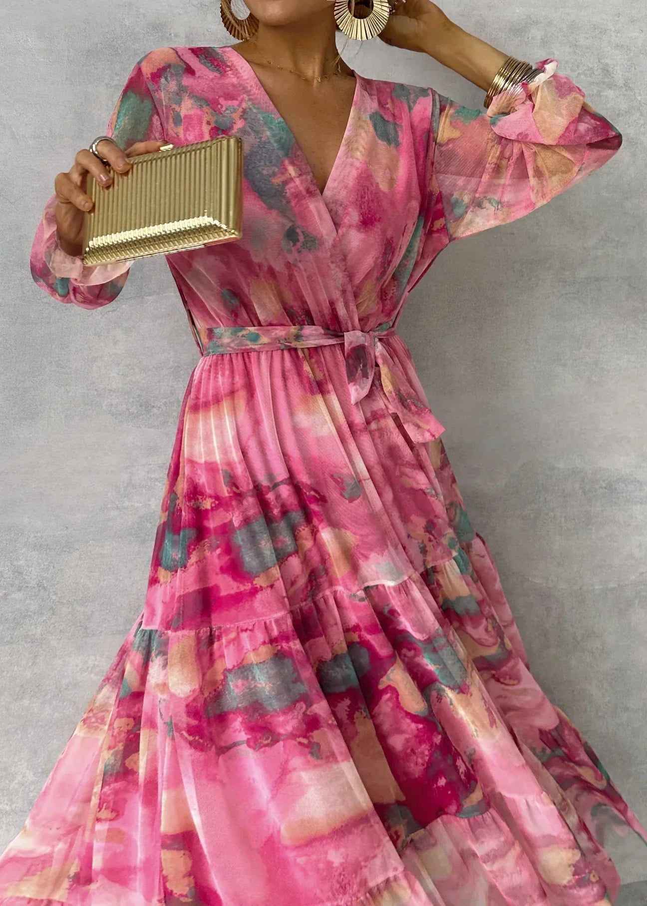 Damen maxi Wickelkleid mit Blumenmuster und langen Ärmeln für Hochzeitsgäste