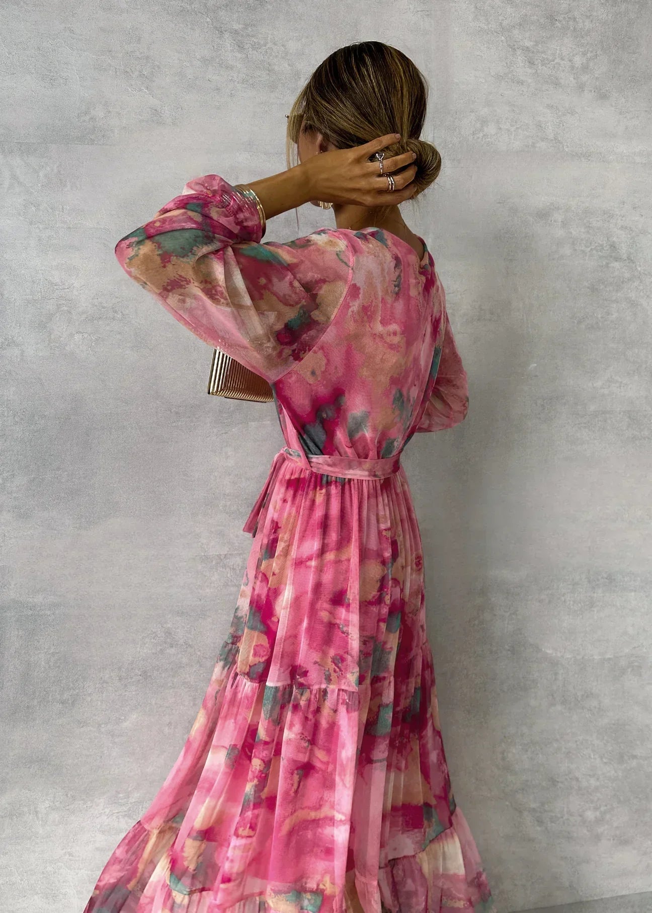 Damen maxi Wickelkleid mit Blumenmuster und langen Ärmeln für Hochzeitsgäste