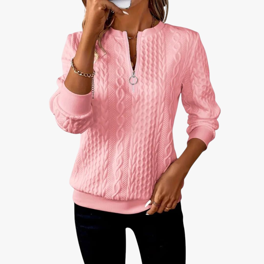 Damen Zopfmusterpullover mit Reißverschluss