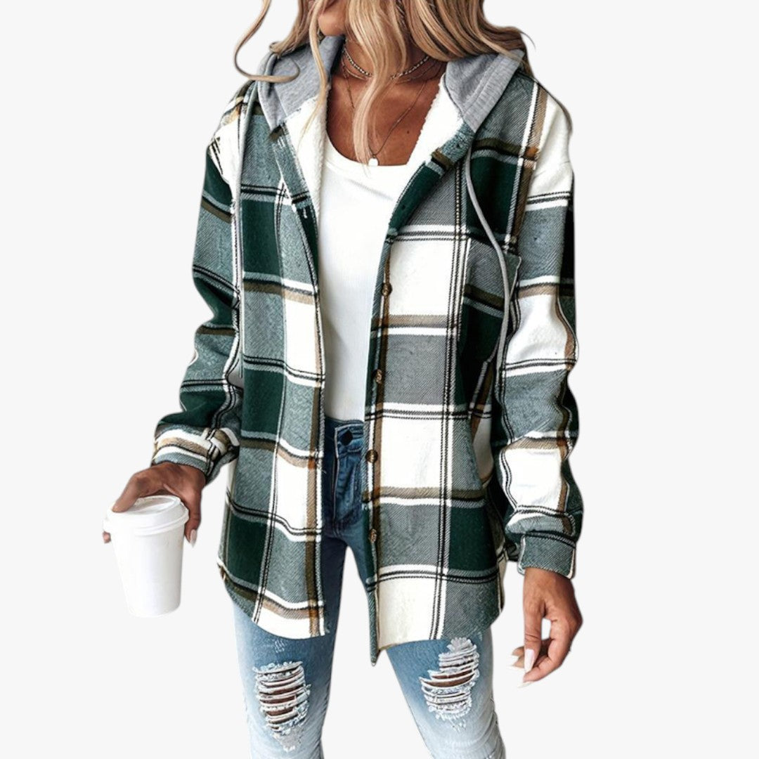 Damen Winterjacke mit Kapuze und Karomuster | Lang