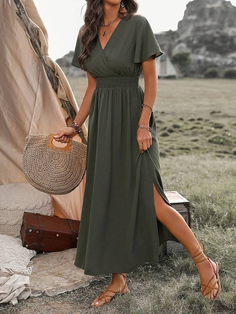 Elegantes V-Ausschnitt Maxi Boho Kleid
