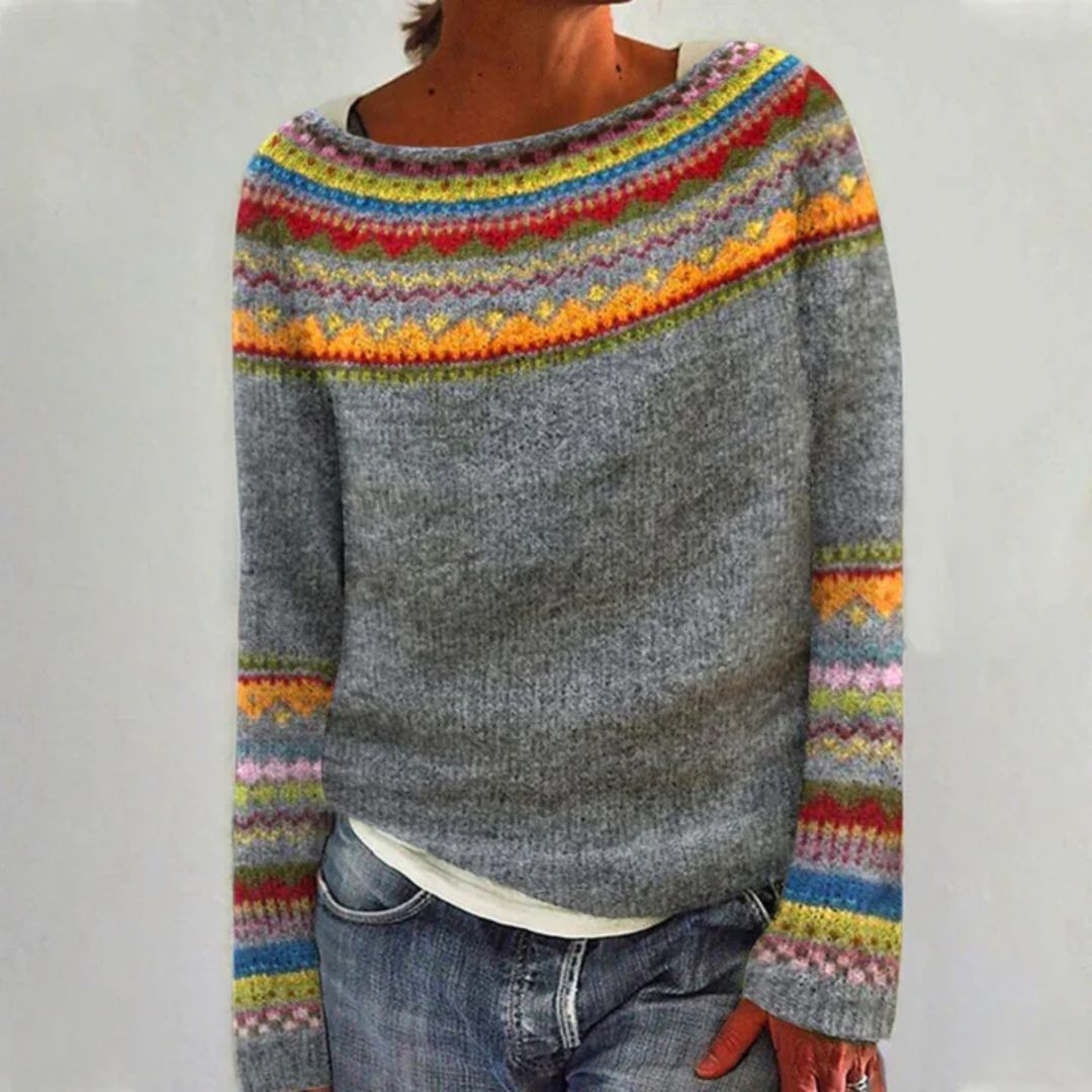 Damen Strickpullover mit Norwegermuster und weitem Halsausschnitt