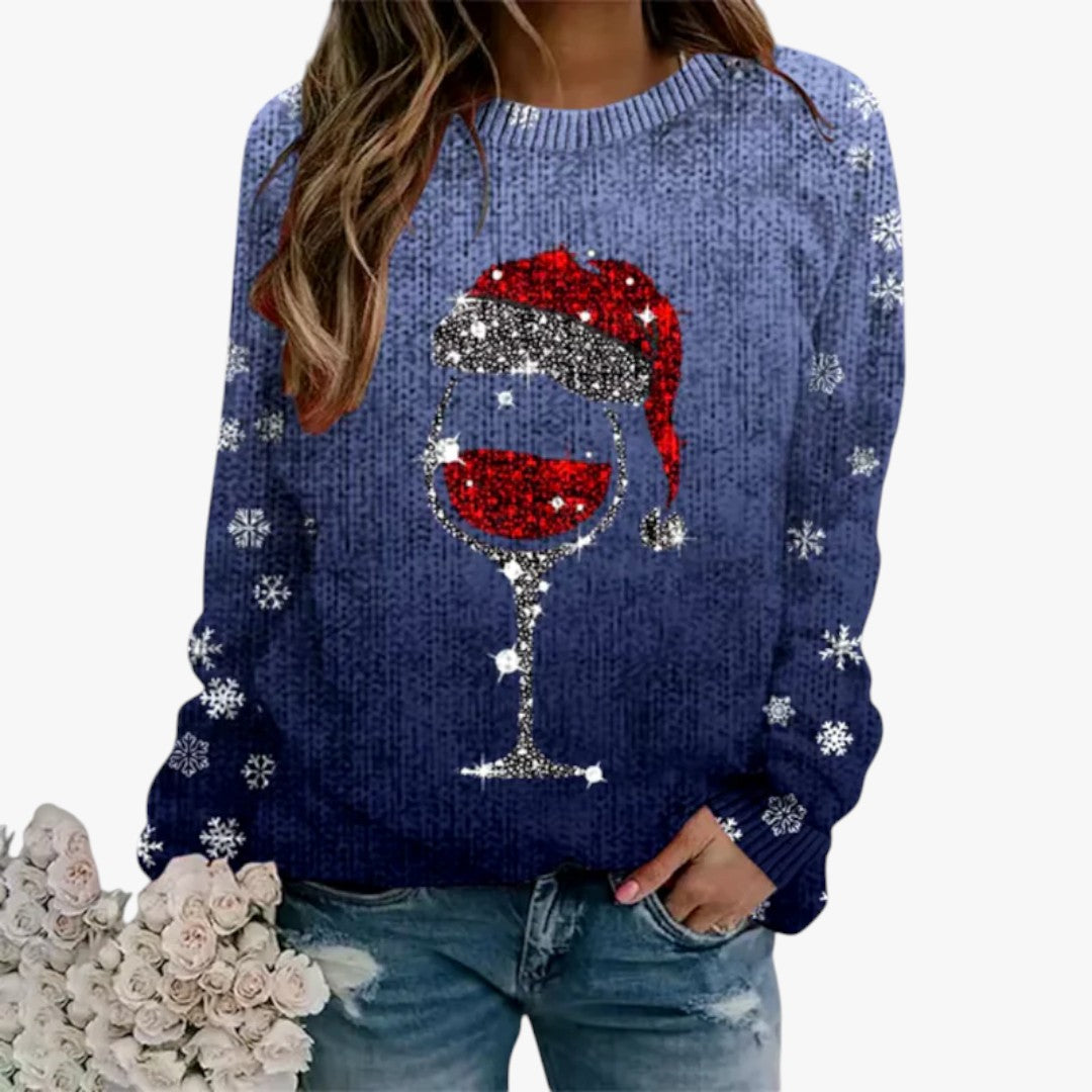 Damen Winter Weihnachtspullover mit Rundhalsausschnitt und Glitzer