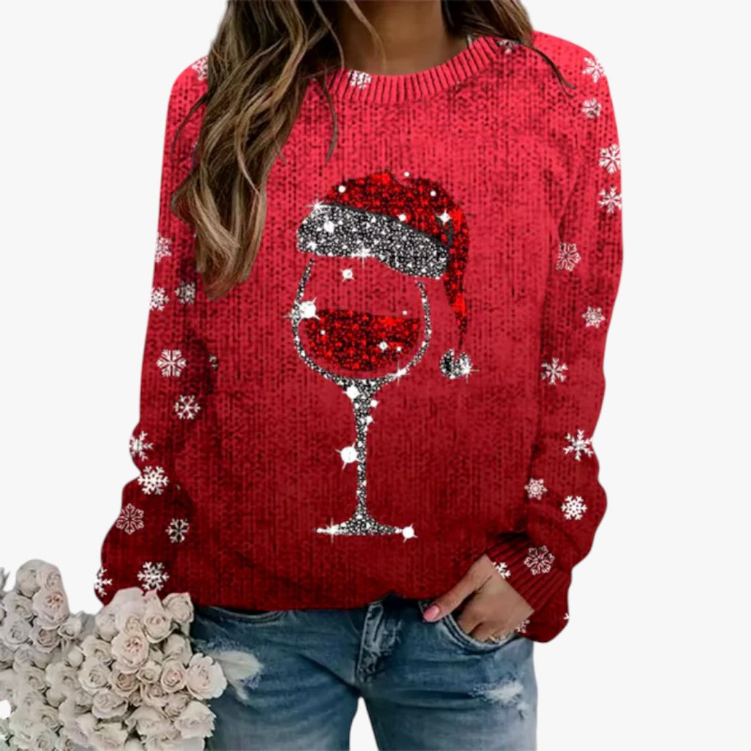 Damen Winter Weihnachtspullover mit Rundhalsausschnitt und Glitzer