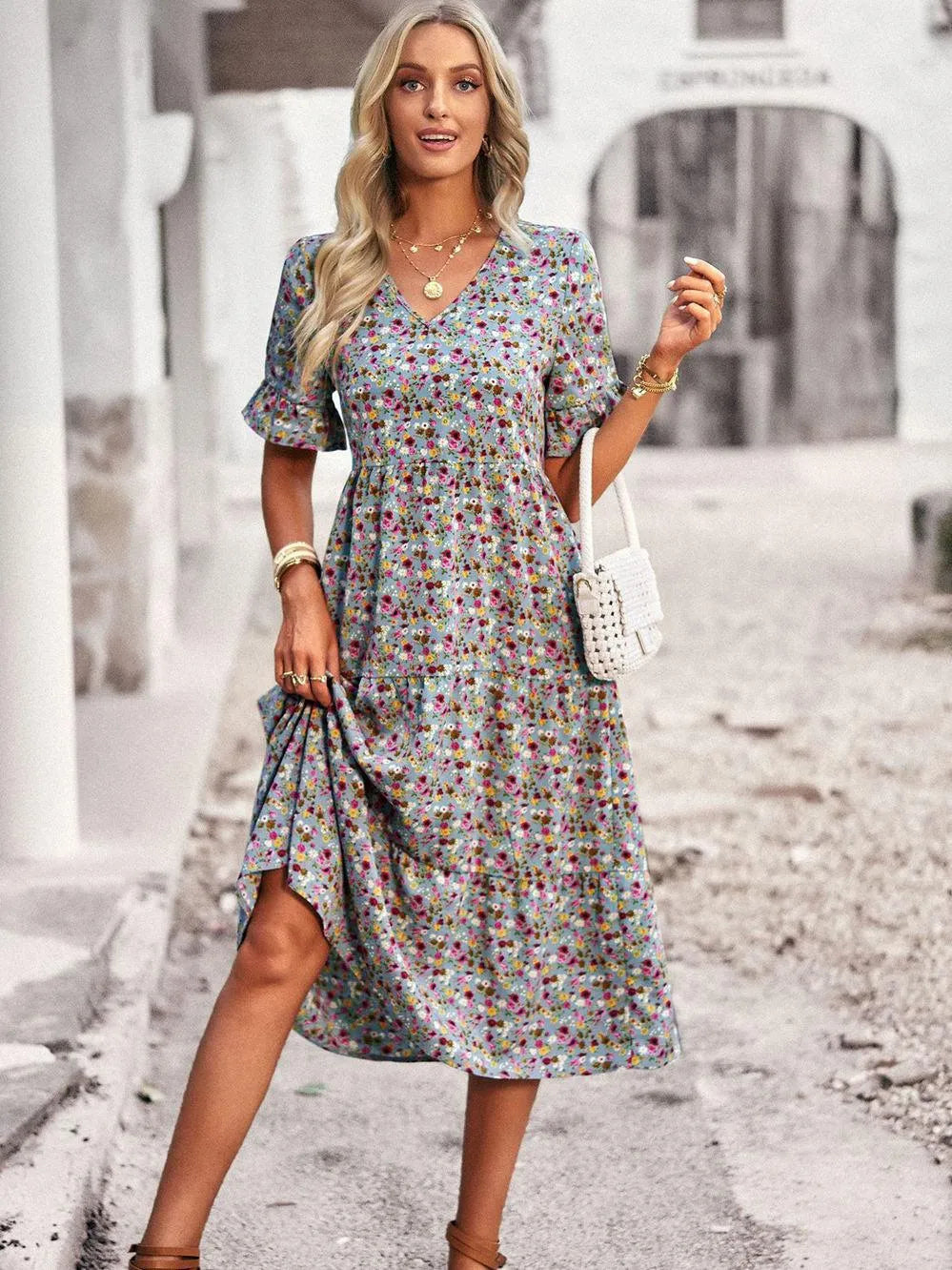 Damen luftiges Sommer Kleid Midi | Ideal im Sommer und Urlaub