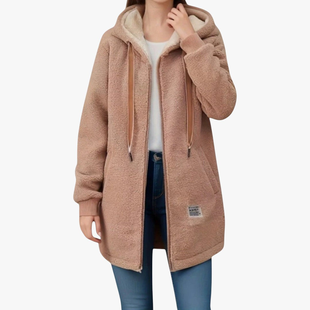Warmer Damen Winterjacke mit Reißverschluss und Kapuze | Teddymantel