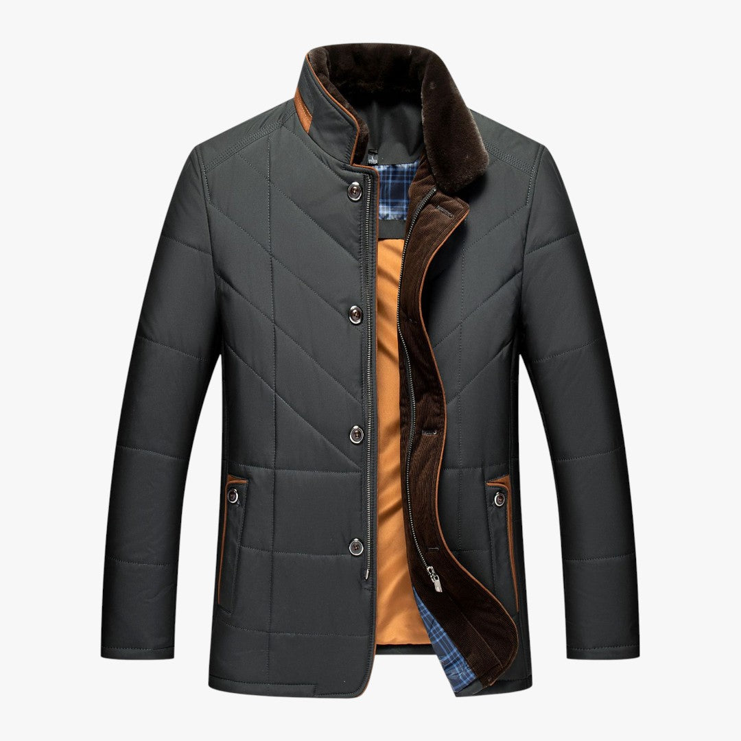 Gefütterte Herren Winterjacke mit Reißverschluss und Knöpfen | Kurz