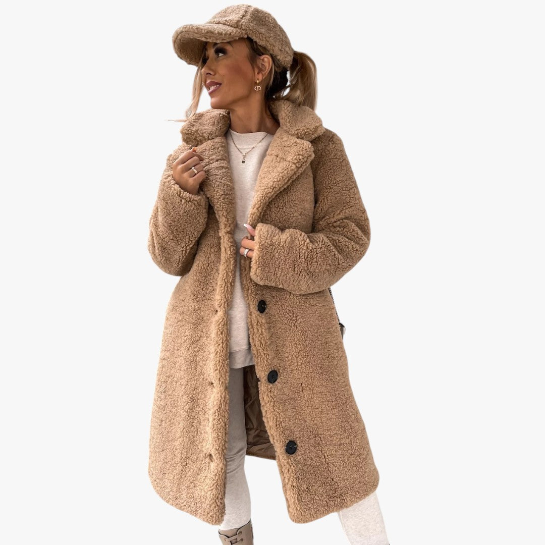 Damen Winter Teddymantel mit Knöpfen | Lang