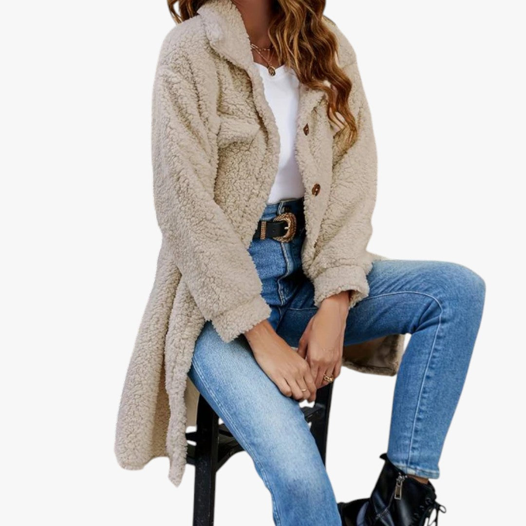 Damen Winter-Teddymantel mit Knöpfen | Lang