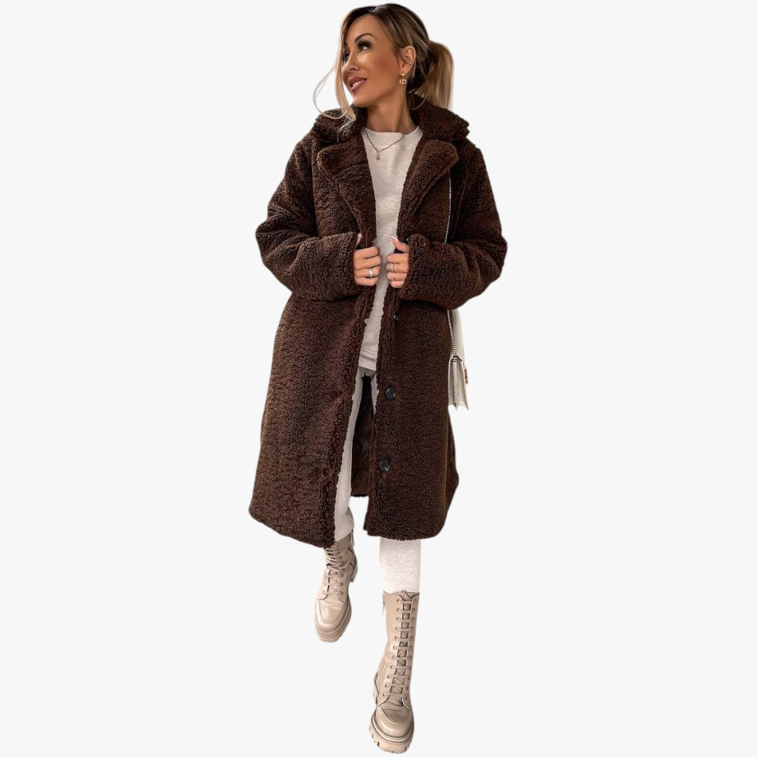 Damen Winter Teddymantel mit Knöpfen | Lang