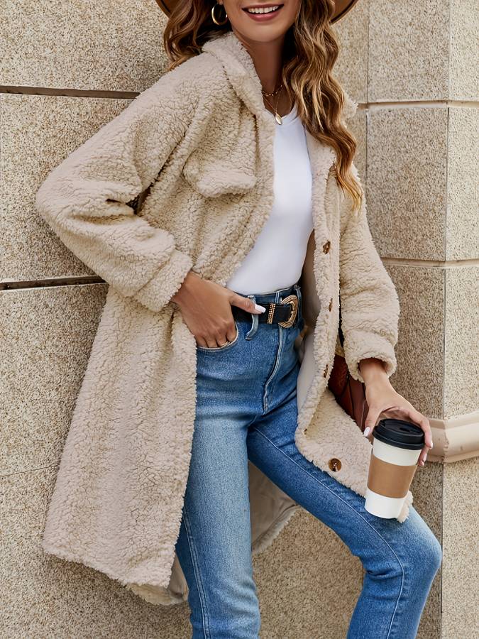 Damen Winter-Teddymantel mit Knöpfen | Lang