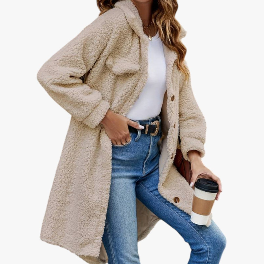 Damen Winter-Teddymantel mit Knöpfen | Lang