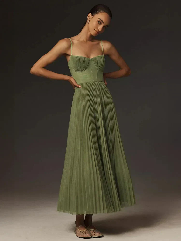 Damen Langes Plissee Kleid für Festliche Anlässe und Hochzeitsgast | Maxi